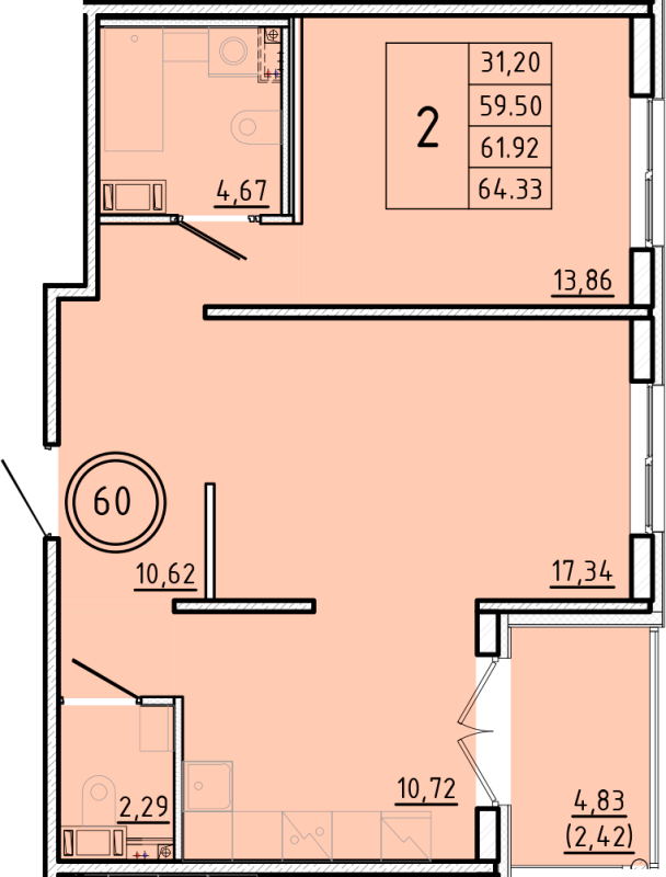 2-комнатная квартира, 59.75 м² в ЖК "Образцовый квартал 16" - планировка, фото №1