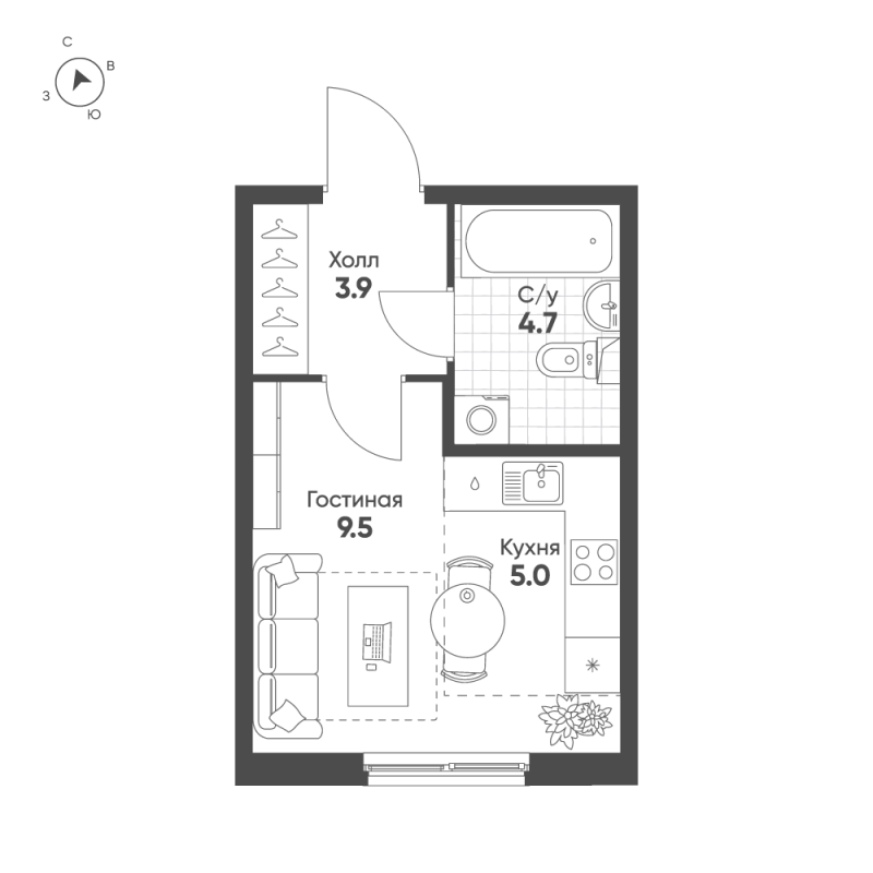Квартира-студия, 23.1 м² в ЖК "Клюква.Парк" - планировка, фото №1