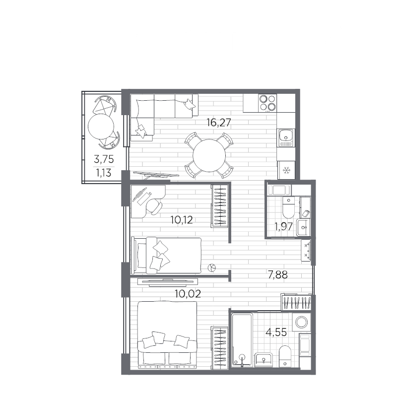 3-комнатная (Евро) квартира, 51.94 м² - планировка, фото №1