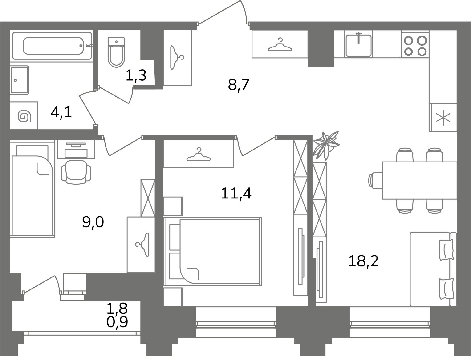 3-комнатная (Евро) квартира, 53.6 м² в ЖК "Антверпен" - планировка, фото №1