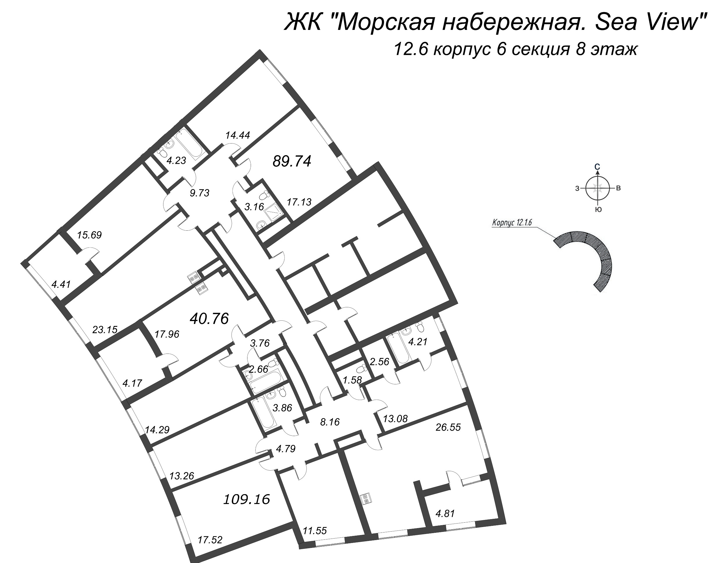 2-комнатная (Евро) квартира, 40.76 м² в ЖК "Морская набережная. SeaView" - планировка этажа