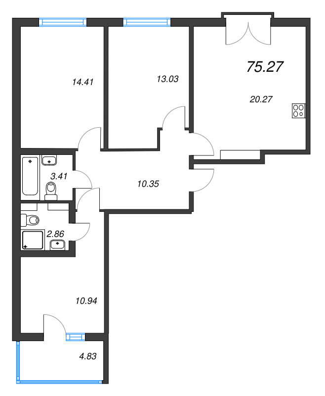 4-комнатная (Евро) квартира, 75.27 м² - планировка, фото №1