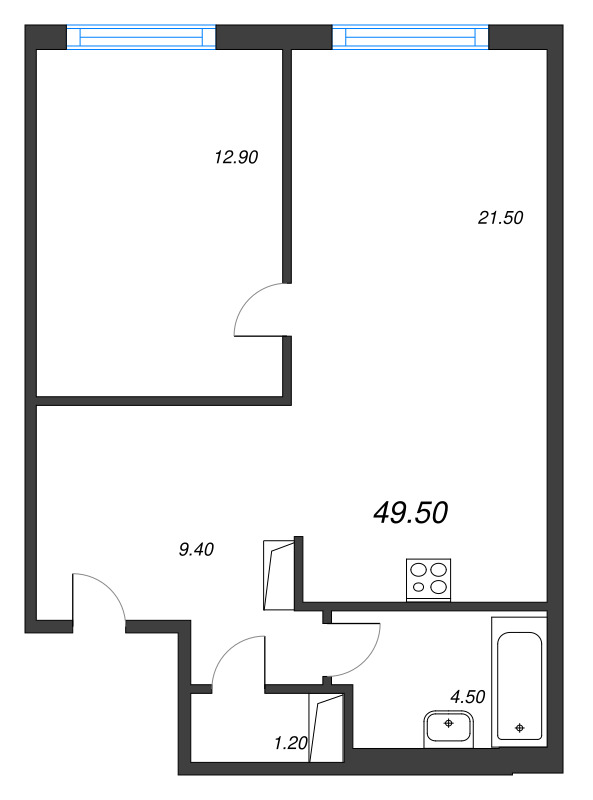 2-комнатная (Евро) квартира, 49.5 м² в ЖК "Руднева 15" - планировка, фото №1