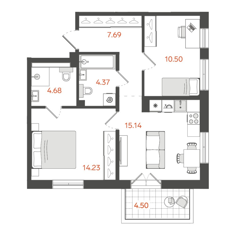 3-комнатная (Евро) квартира, 58 м² в ЖК "STAVNI Обводный" - планировка, фото №1