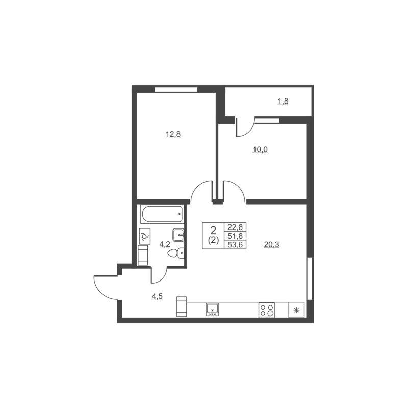 3-комнатная (Евро) квартира, 53.6 м² - планировка, фото №1