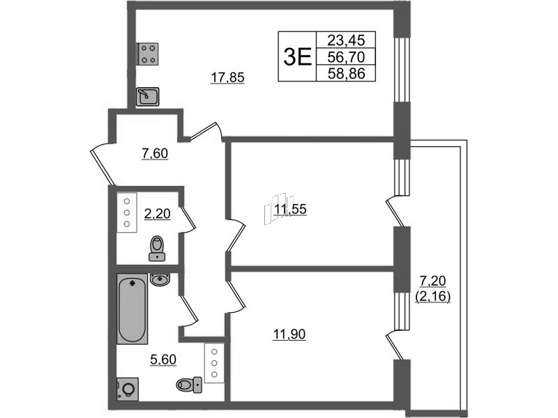 3-комнатная (Евро) квартира, 58.86 м² в ЖК "Аквилон Янино" - планировка, фото №1
