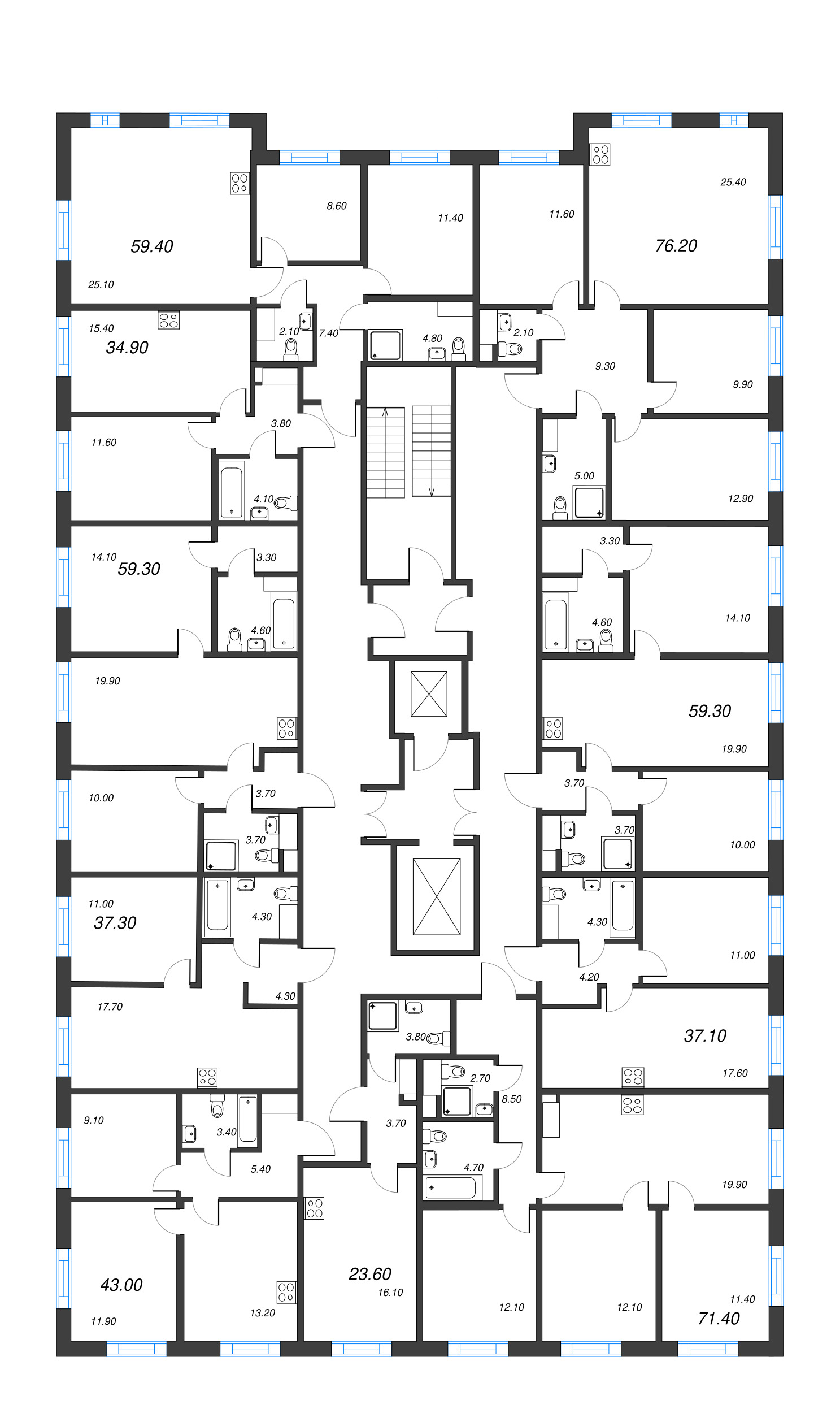 4-комнатная (Евро) квартира, 71.4 м² - планировка этажа
