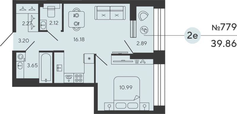 2-комнатная (Евро) квартира, 39.53 м² в ЖК "Bashni Element" - планировка, фото №1