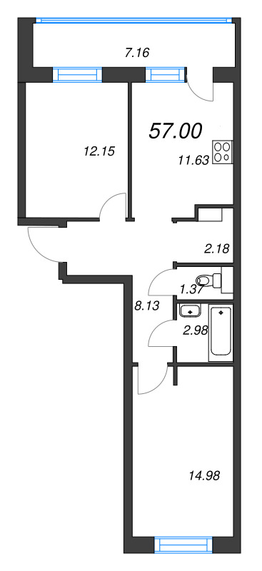 2-комнатная квартира, 57 м² - планировка, фото №1