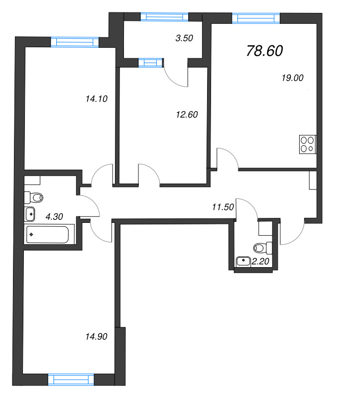4-комнатная (Евро) квартира, 78.6 м² - планировка, фото №1