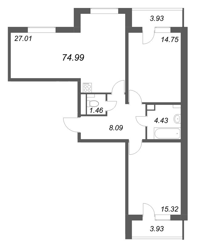 3-комнатная (Евро) квартира, 74.99 м² в ЖК "АРО" - планировка, фото №1