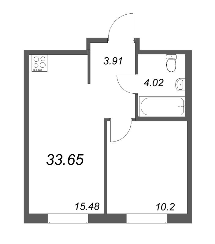 2-комнатная (Евро) квартира, 33.65 м² - планировка, фото №1