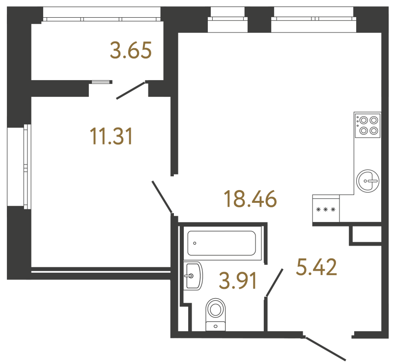 2-комнатная (Евро) квартира, 39.1 м² - планировка, фото №1