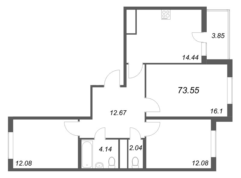 3-комнатная квартира, 73.55 м² - планировка, фото №1