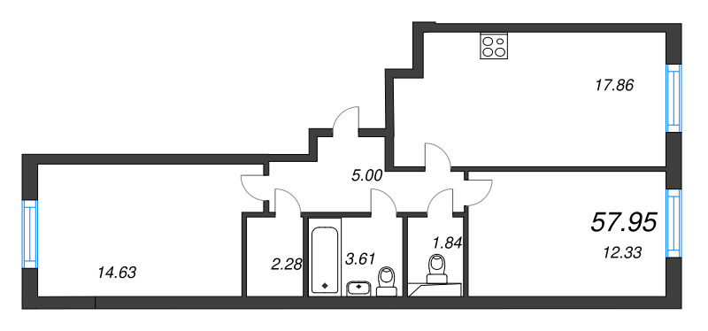 3-комнатная (Евро) квартира, 57.95 м² - планировка, фото №1