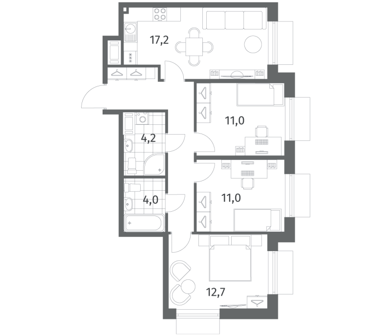 4-комнатная (Евро) квартира, 71.1 м² в ЖК "Парусная 1" - планировка, фото №1