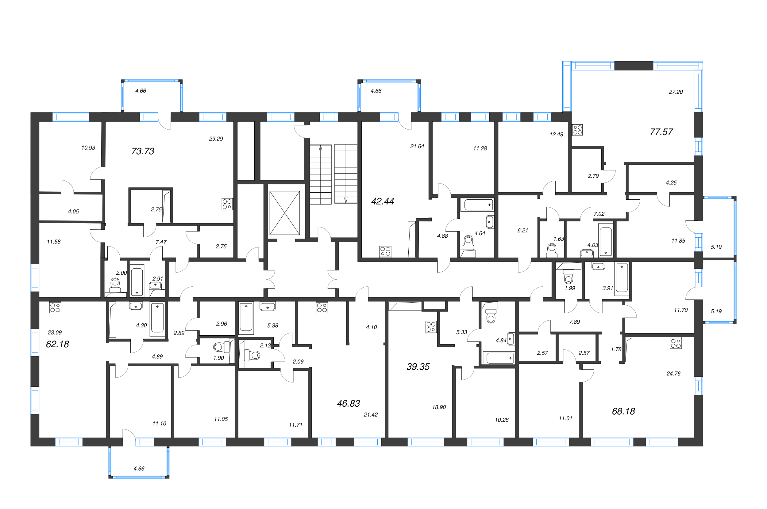 2-комнатная (Евро) квартира, 42.44 м² - планировка этажа