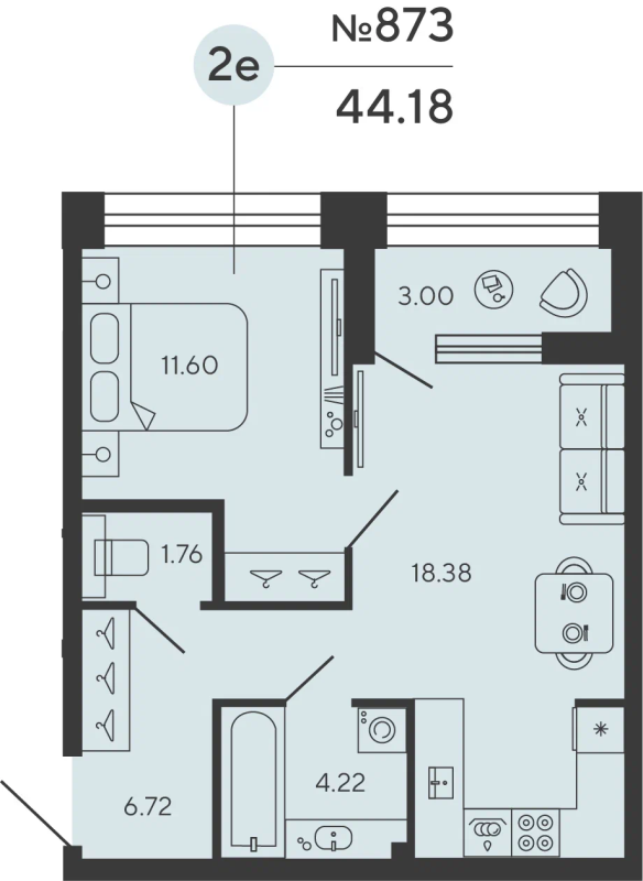 2-комнатная (Евро) квартира, 43.45 м² - планировка, фото №1