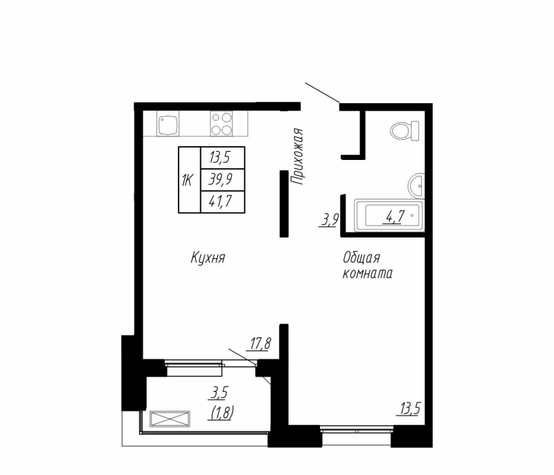 2-комнатная (Евро) квартира, 41.7 м² в ЖК "Сибирь" - планировка, фото №1