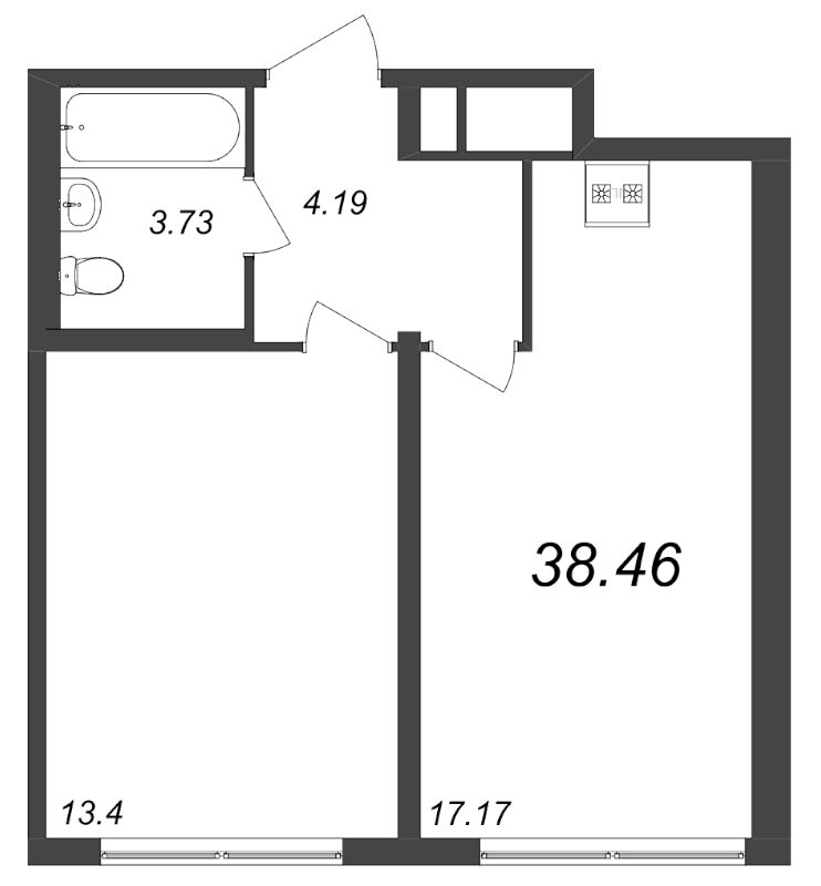 2-комнатная (Евро) квартира, 38.46 м² - планировка, фото №1