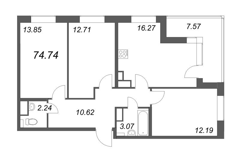 4-комнатная (Евро) квартира, 74.74 м² - планировка, фото №1