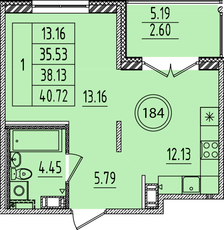 1-комнатная квартира, 35.53 м² в ЖК "Образцовый квартал 14" - планировка, фото №1