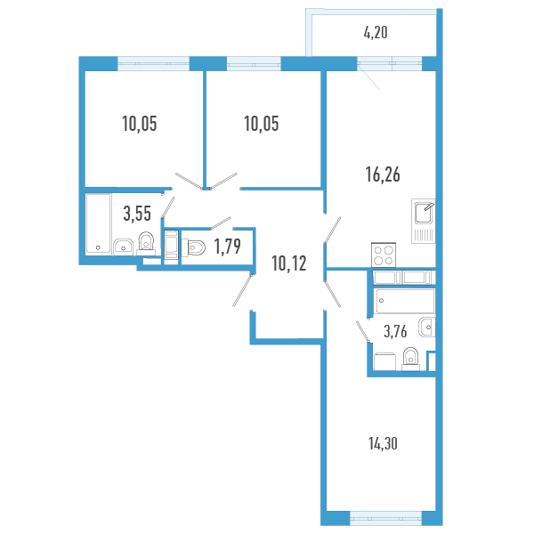 4-комнатная (Евро) квартира, 71.14 м² - планировка, фото №1