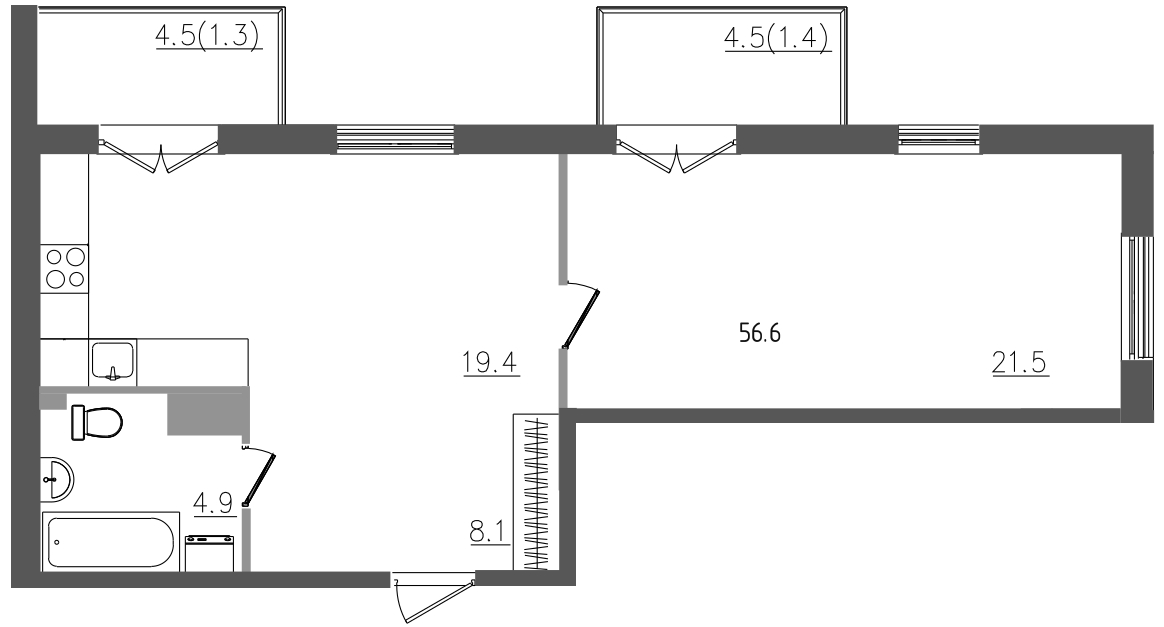 2-комнатная (Евро) квартира, 56.6 м² в ЖК "Upoint" - планировка, фото №1