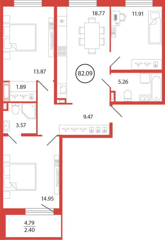 4-комнатная (Евро) квартира, 82.09 м² в ЖК "Энфилд" - планировка, фото №1