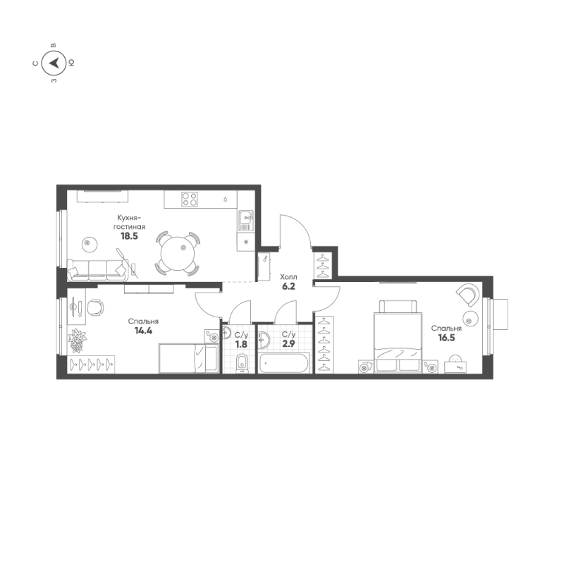 3-комнатная (Евро) квартира, 60.3 м² в ЖК "Ягодное Река Парк" - планировка, фото №1