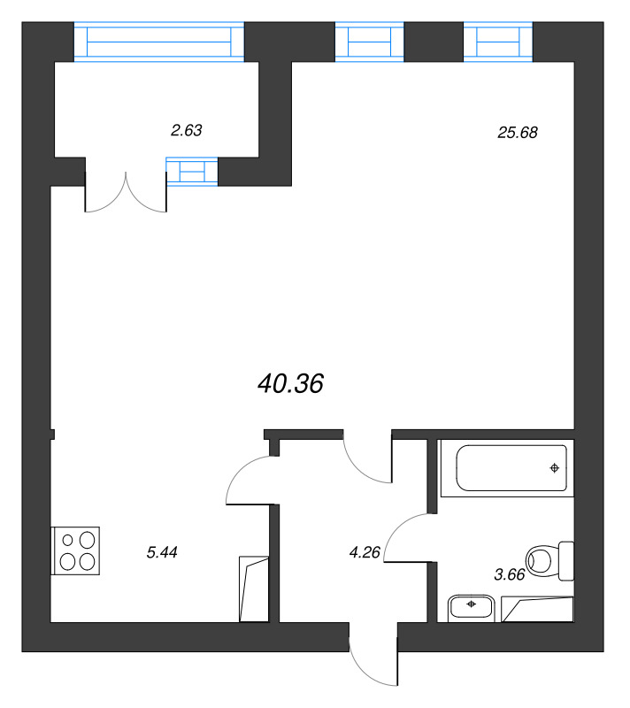 1-комнатная квартира, 40.36 м² - планировка, фото №1