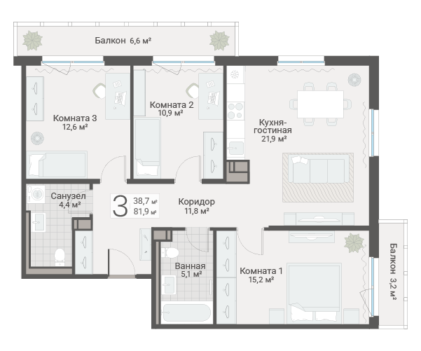 4-комнатная (Евро) квартира, 81.9 м² в ЖК "Руднева 15" - планировка, фото №1