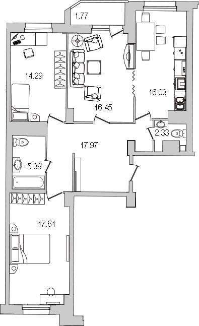 3-комнатная квартира, 91.8 м² в ЖК "Шекспир" - планировка, фото №1