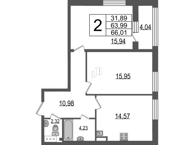 2-комнатная квартира, 65.3 м² в ЖК "TESORO" - планировка, фото №1