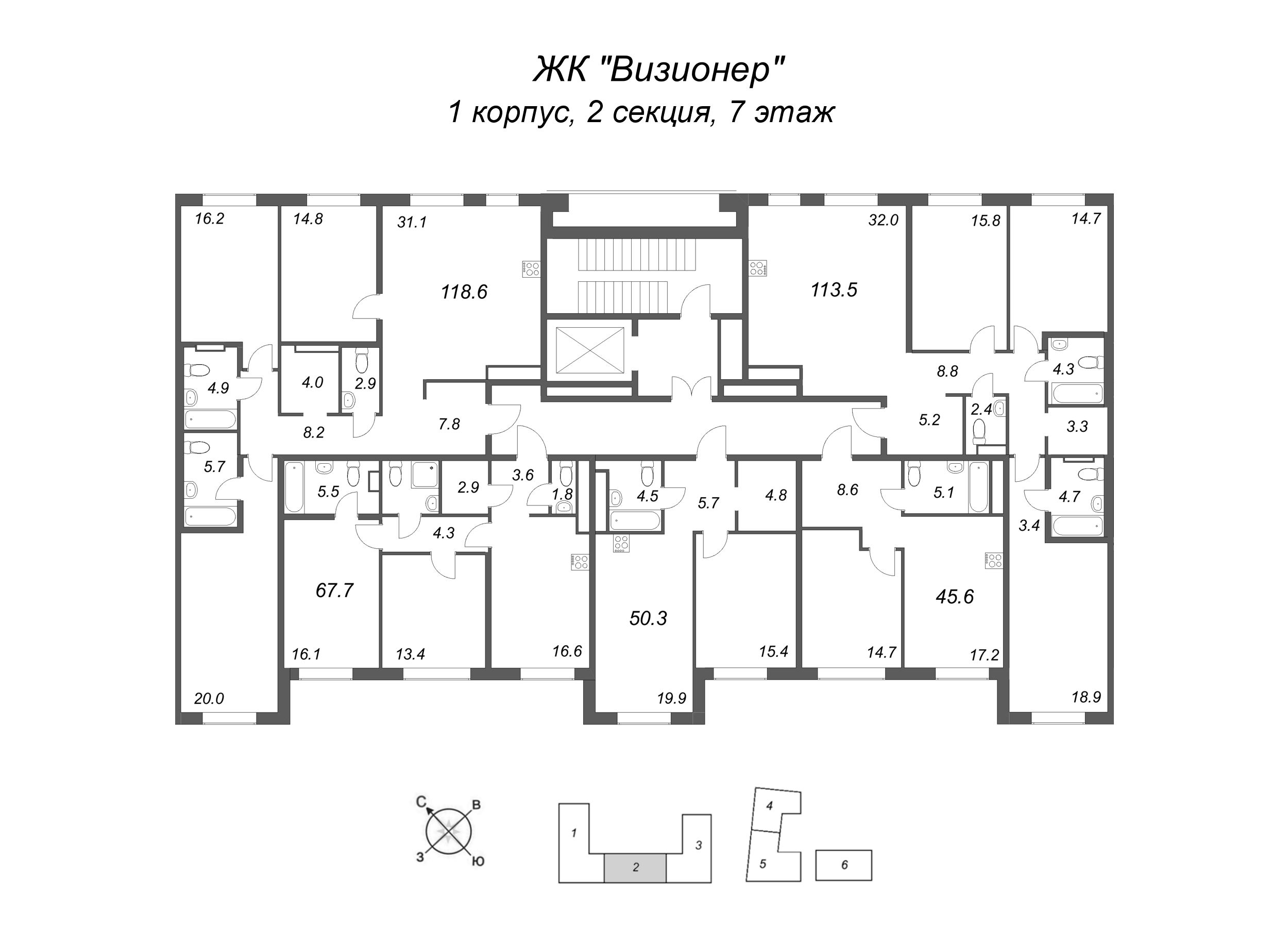 2-комнатная (Евро) квартира, 45.6 м² в ЖК "Визионер" - планировка этажа