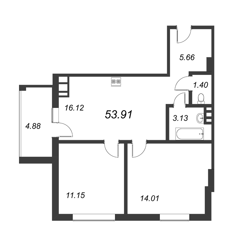 2-комнатная квартира, 54.8 м² в ЖК "WINGS апартаменты на Крыленко" - планировка, фото №1