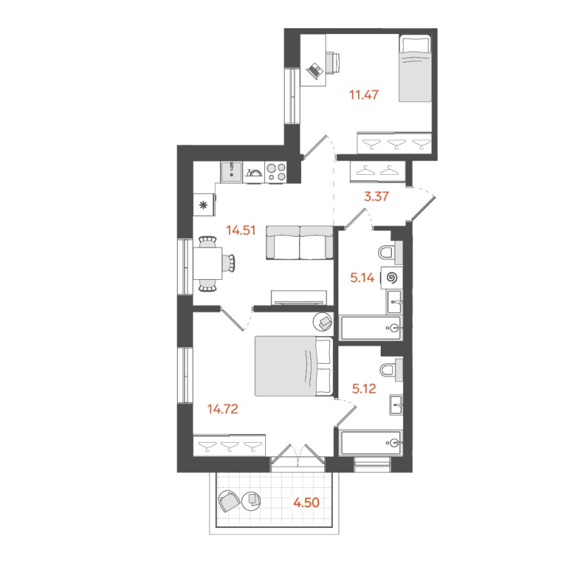 2-комнатная квартира, 55.7 м² в ЖК "STAVNI Обводный" - планировка, фото №1