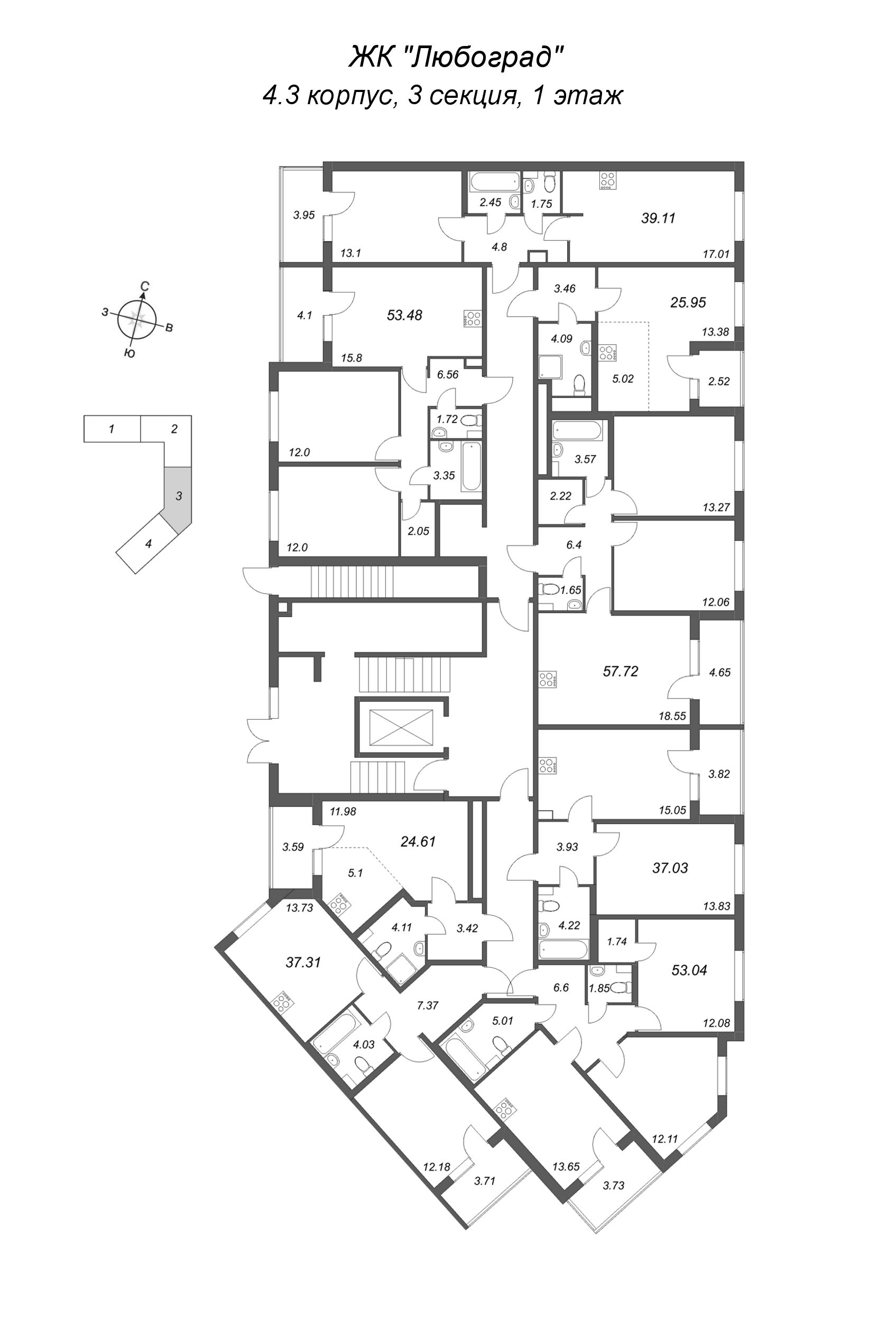 1-комнатная квартира, 37.03 м² в ЖК "Любоград" - планировка этажа