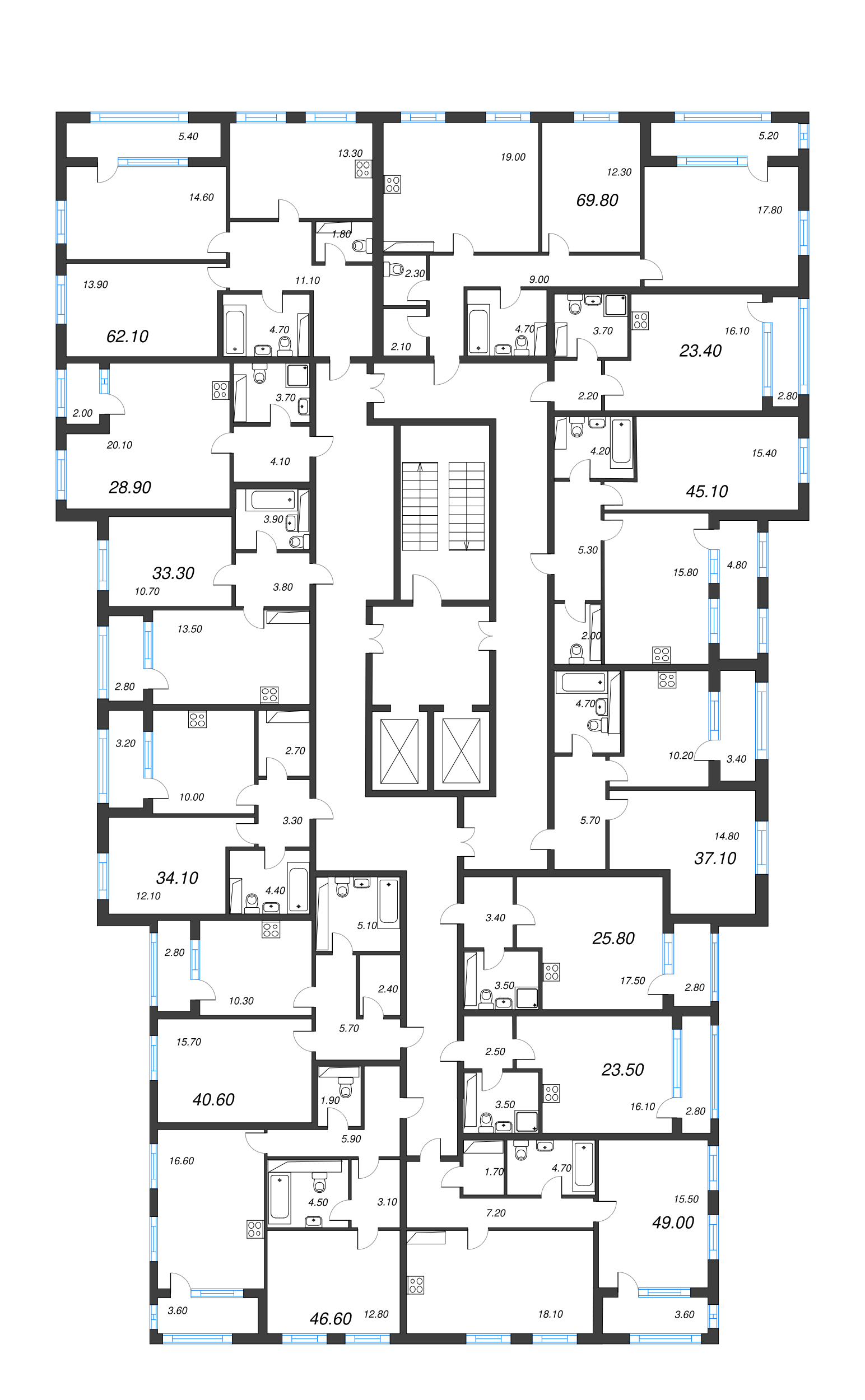 3-комнатная (Евро) квартира, 69.8 м² - планировка этажа