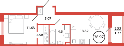 1-комнатная квартира, 38.97 м² - планировка, фото №1