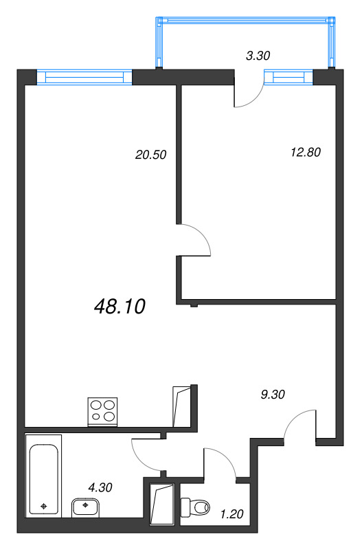 2-комнатная (Евро) квартира, 48.1 м² в ЖК "Руднева 15" - планировка, фото №1
