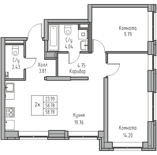 3-комнатная (Евро) квартира, 58.78 м² в ЖК "Юнтолово" - планировка, фото №1