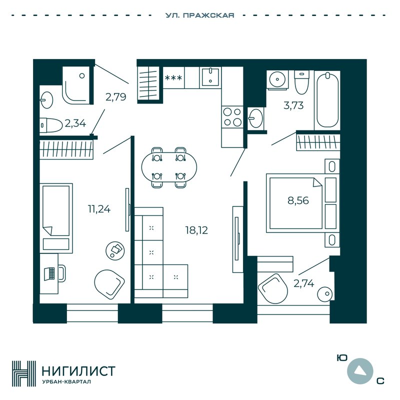 3-комнатная (Евро) квартира, 48.15 м² в ЖК "Нигилист" - планировка, фото №1
