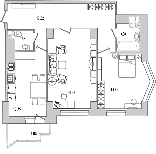 2-комнатная квартира, 77.6 м² - планировка, фото №1