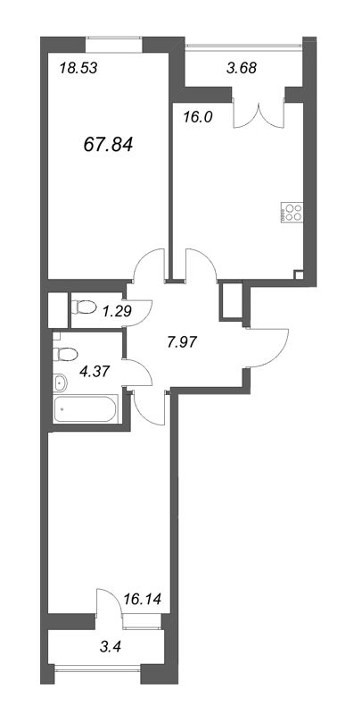 2-комнатная квартира, 67.84 м² - планировка, фото №1