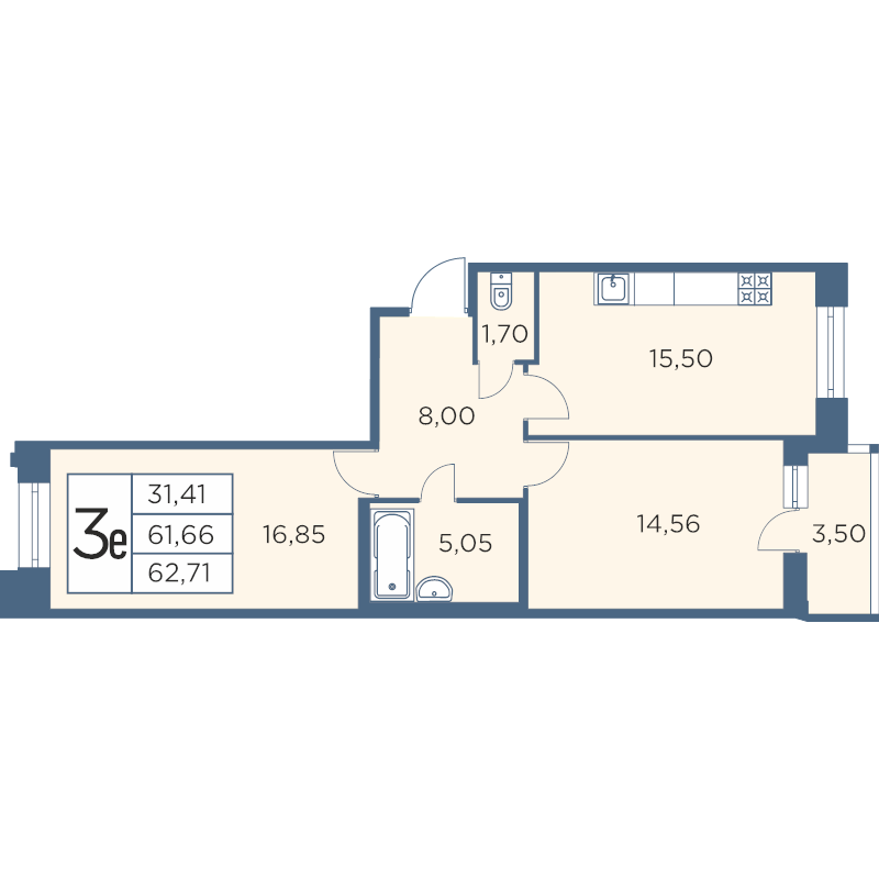 3-комнатная (Евро) квартира, 62.71 м² - планировка, фото №1