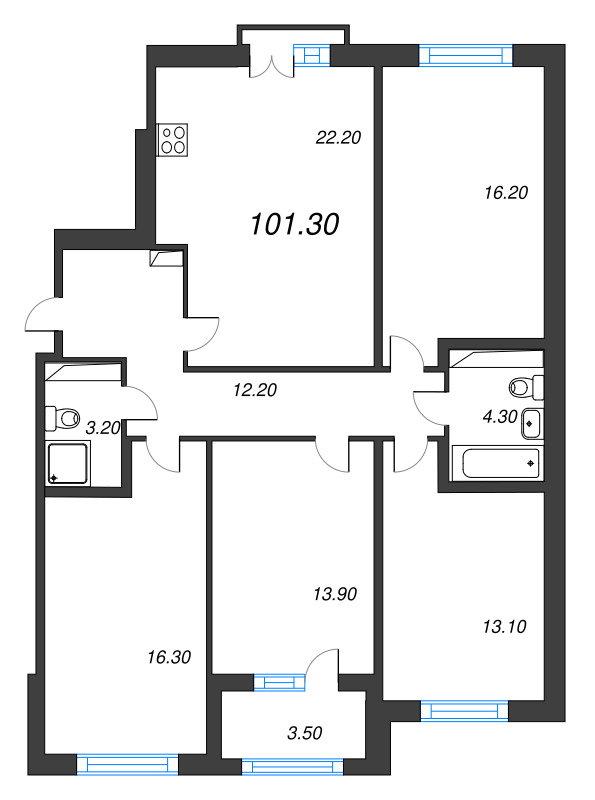 5-комнатная (Евро) квартира, 101.3 м² - планировка, фото №1