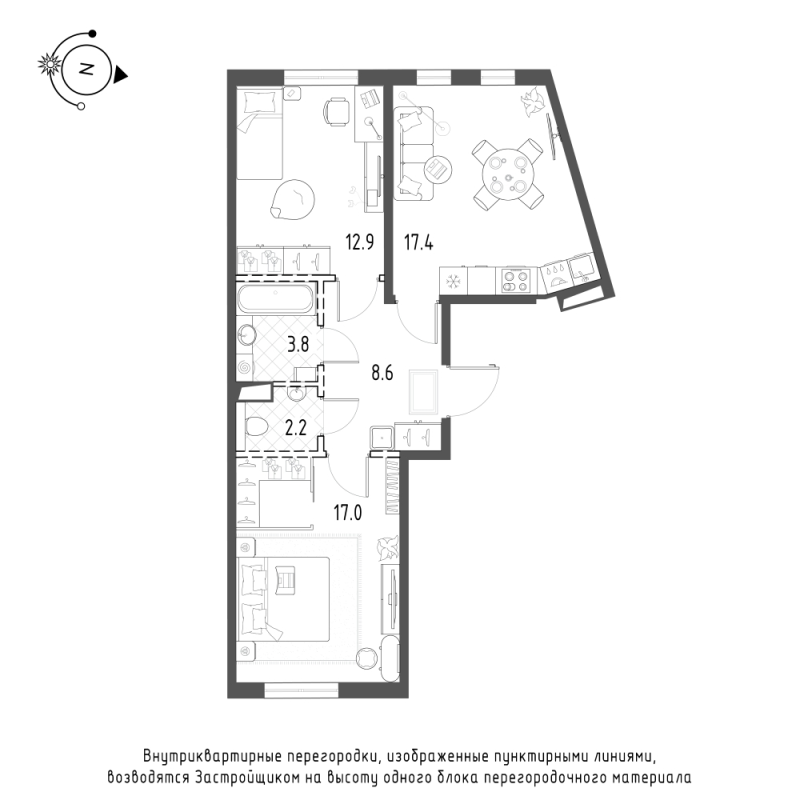 2-комнатная квартира, 61.9 м² в ЖК "Domino Premium" - планировка, фото №1