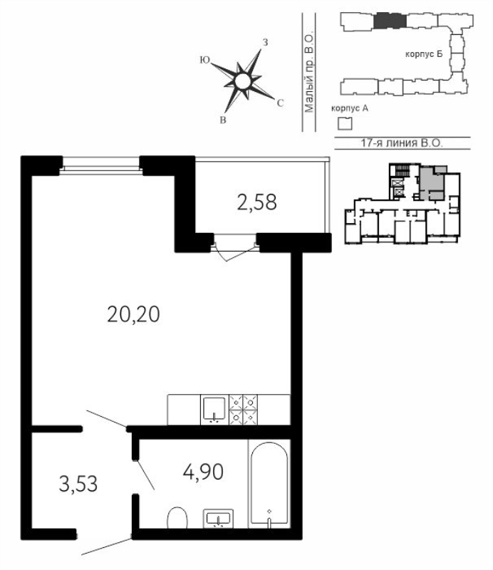 Квартира-студия, 29.92 м² в ЖК "17-я линия" - планировка, фото №1
