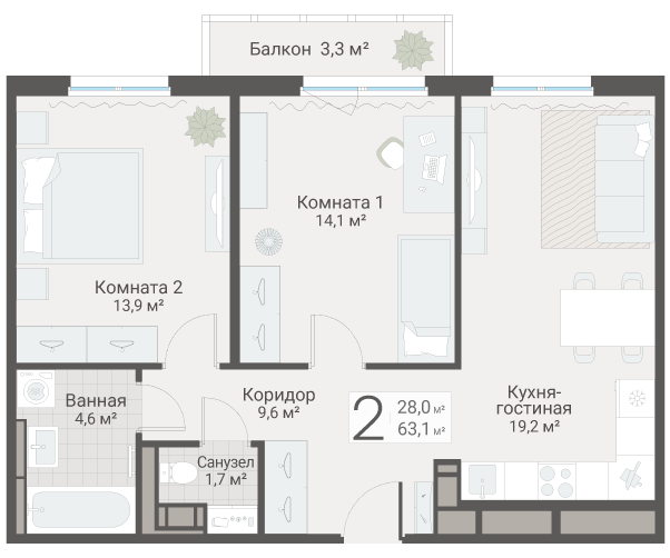 3-комнатная (Евро) квартира, 63.1 м² в ЖК "Руднева 15" - планировка, фото №1